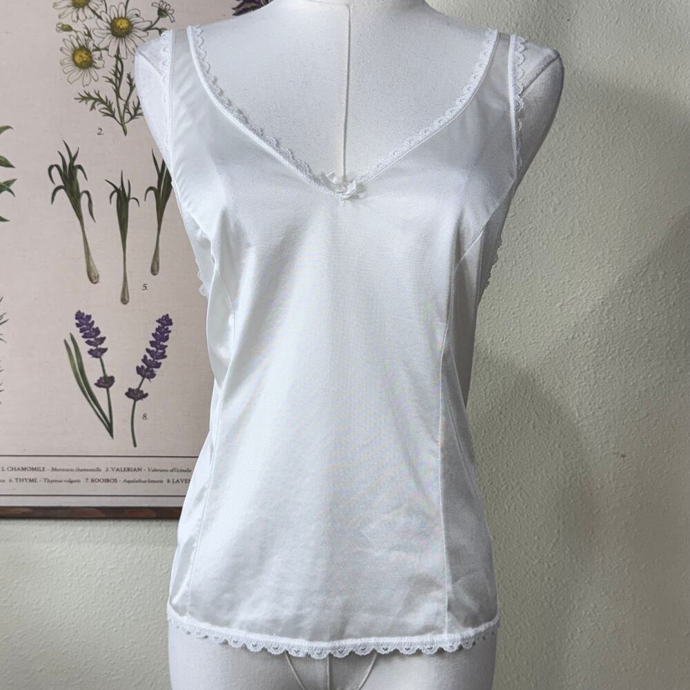 Vintage 80s 90s White Nylon Lace Trim Cami Top Coqeutte Femme Dainty Dolly 36 M